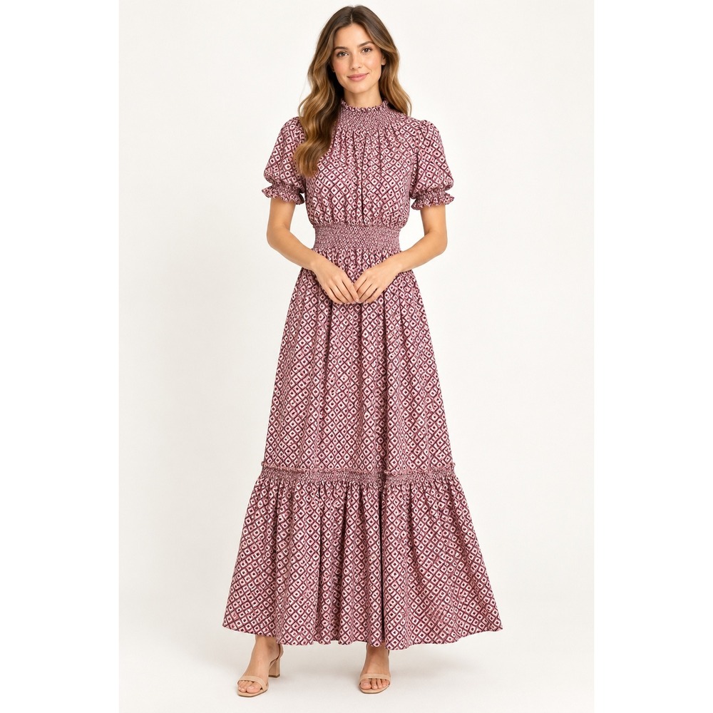 Hayden Los Angeles Maxi Dress Pink Geometric Smocked Mock Neck Medium